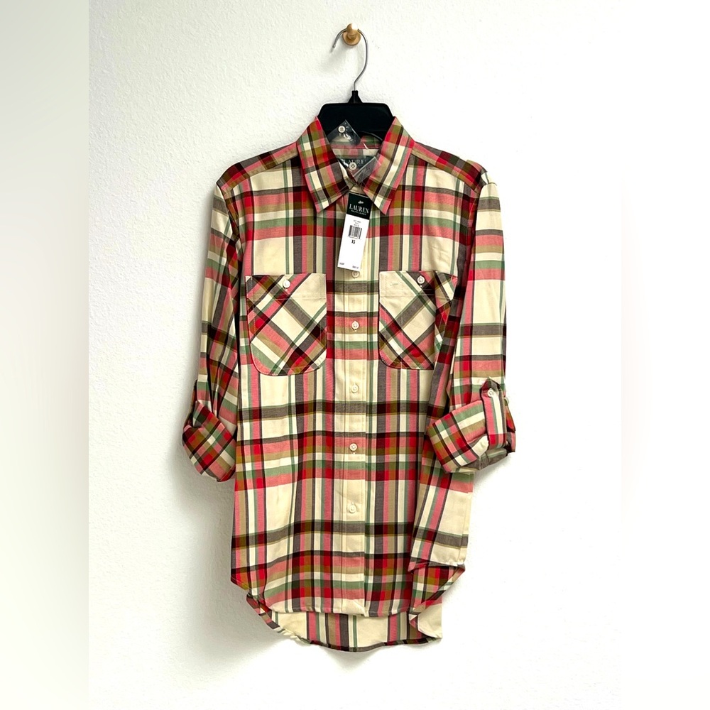 NWT - Ralph Lauren Plaid Button Down Collared Shirt, Cream / Plaid, Size XS